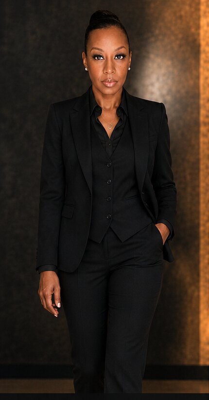 AI-created full-length portrait wearing a black suit