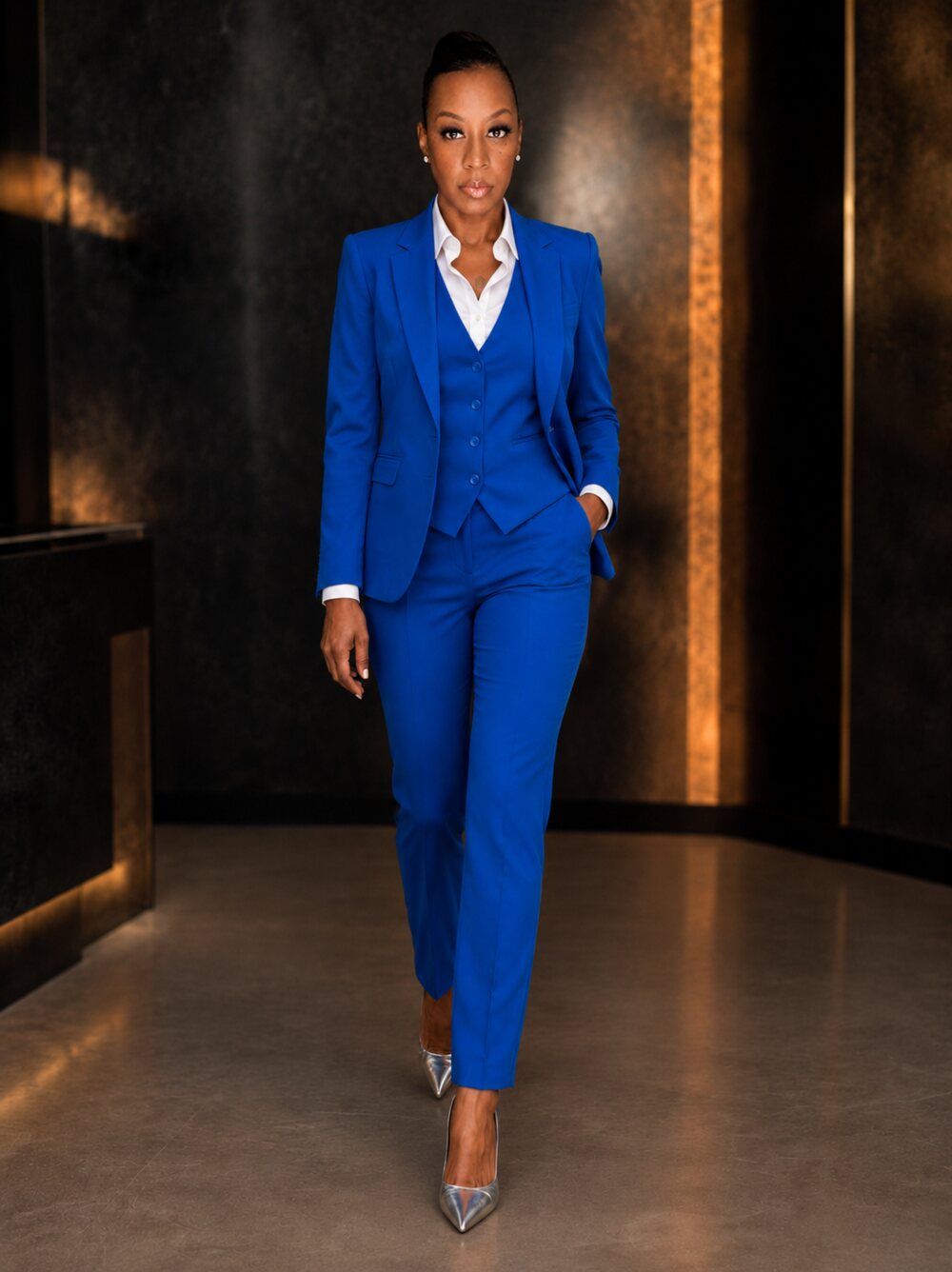 AI-created full-length portrait wearing a blue suit